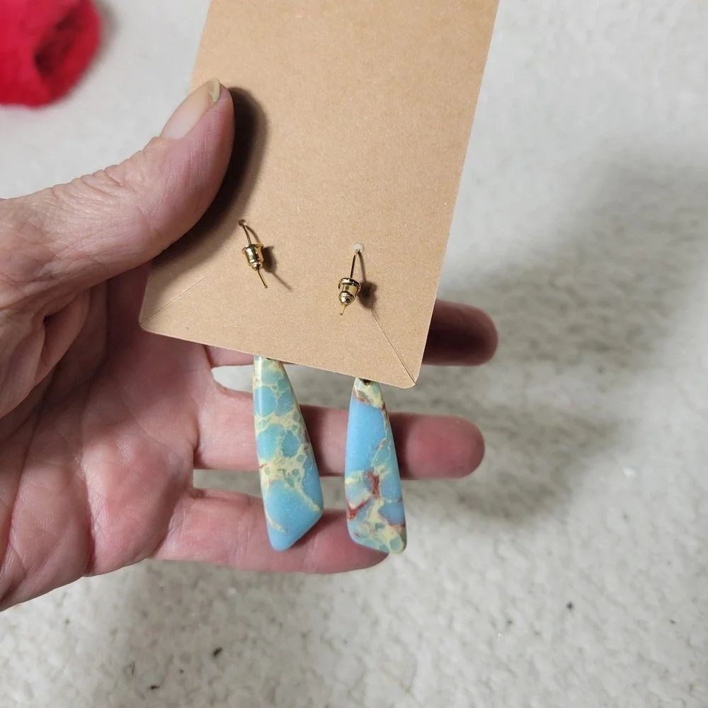 Blue Stone Look Triangle Dangle Earrings Gold Tone Hook Boho Marble Jasper Style